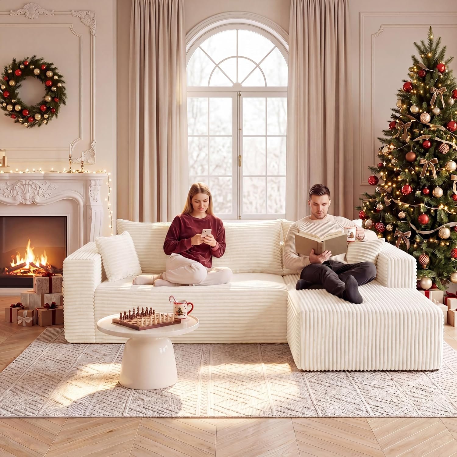 92.5″ Cloud Sectional Boneless Couches for Living Room, Modular L Shaped Couch with Deep Seat Oversized Right Facing Chaise, Memory Foam Compressed Spineless 3 Seater Sofa for Apartment