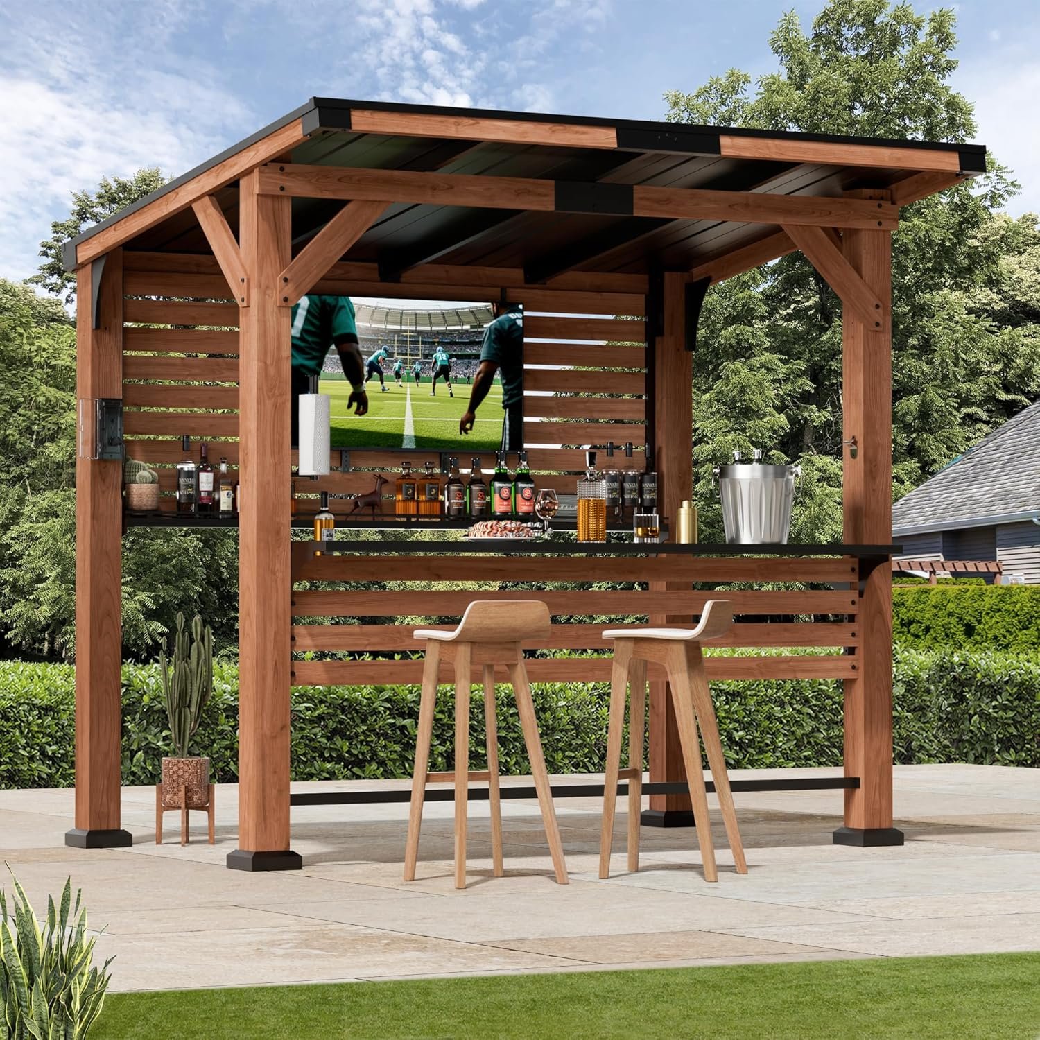 Modern Shade The Aura Cedar Wood Outdoor Bar with Shelves & Paper Towel Holder, Grill Gazebo with USB and USB-C Charging Ports, Wood Gazebo with TV Mount, Galvanized Steel Sloped Roof for Patio