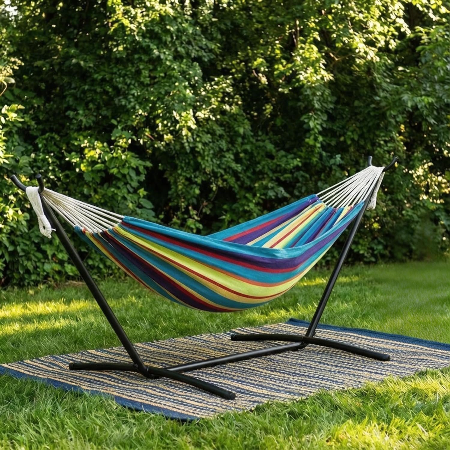 Double Hammock with Steel Stand – 2 Person Hammock Bed Indoor Outdoor, Brazilian-Style, with Carry Bag, 450lb Capacity, Portable & Easy Assembly, Tropical