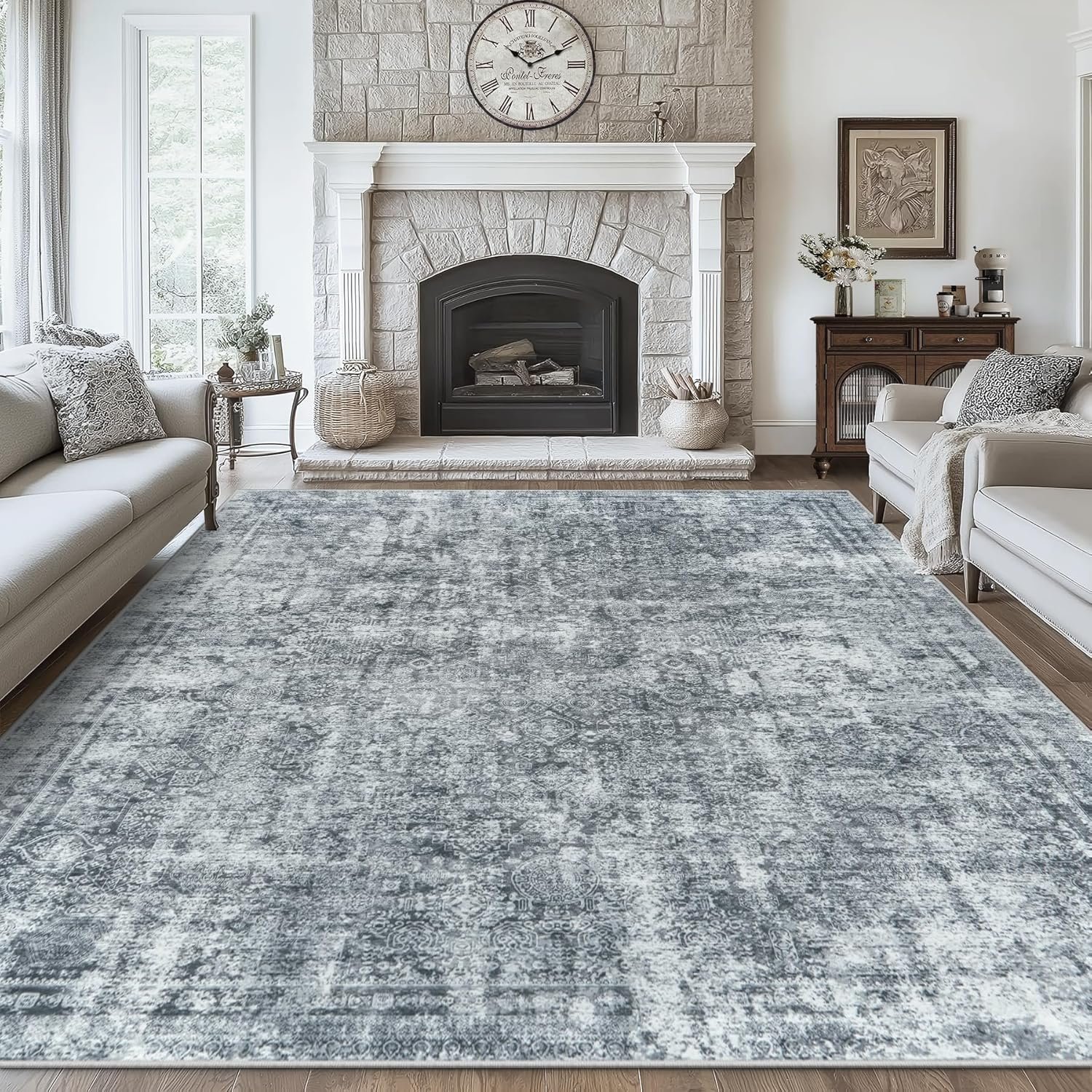 8×10 Area Rugs Washable Rug: Large Vintage Abstract Living Room Rug Soft Anti-Skid Thin Carpet Indoor Floor Stain Resistant Carpets for Bedroom Dining Farmhouse Nursery Home Office Black Grey