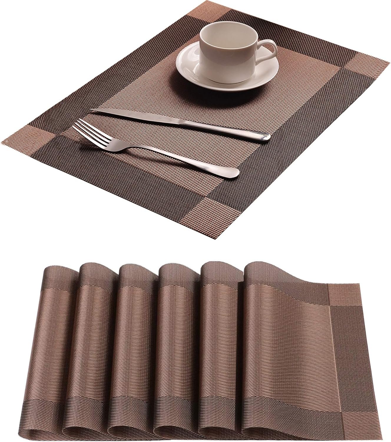 Table Placemats Dining Table Place Mats Set of 6 Heat Resistant Insulation Non-Slip Vinyl for Kitchen Dining Room 18″ * 12″ Brown