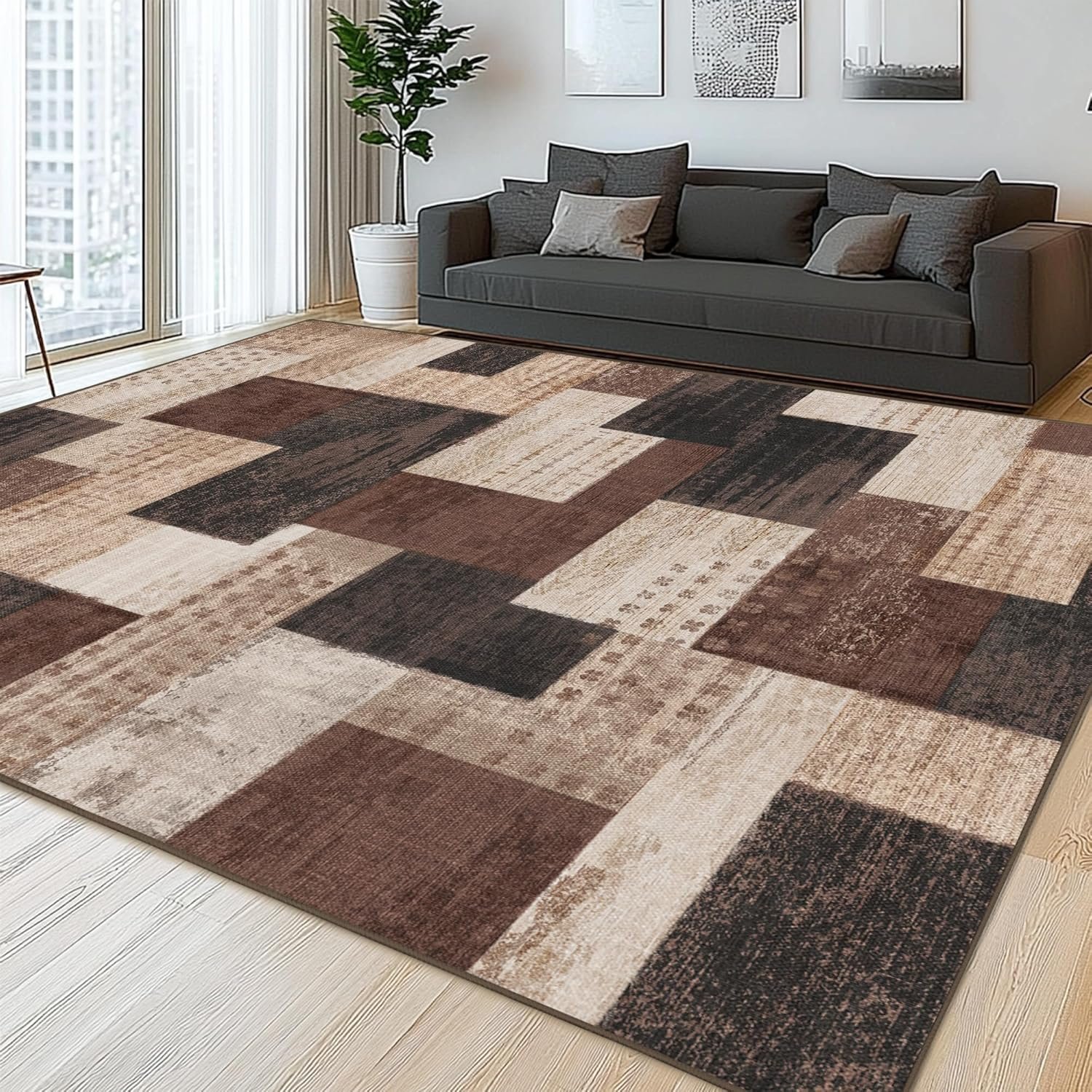 Modern Geometric Patchwork Indoor Area Rug for Living Room, Chocolate 8’x 10′ Large Rug Rockwood Collection Hardwood Floors Decor for Bedroom, Brown Throw Carpet for Office Entryway Dining Room