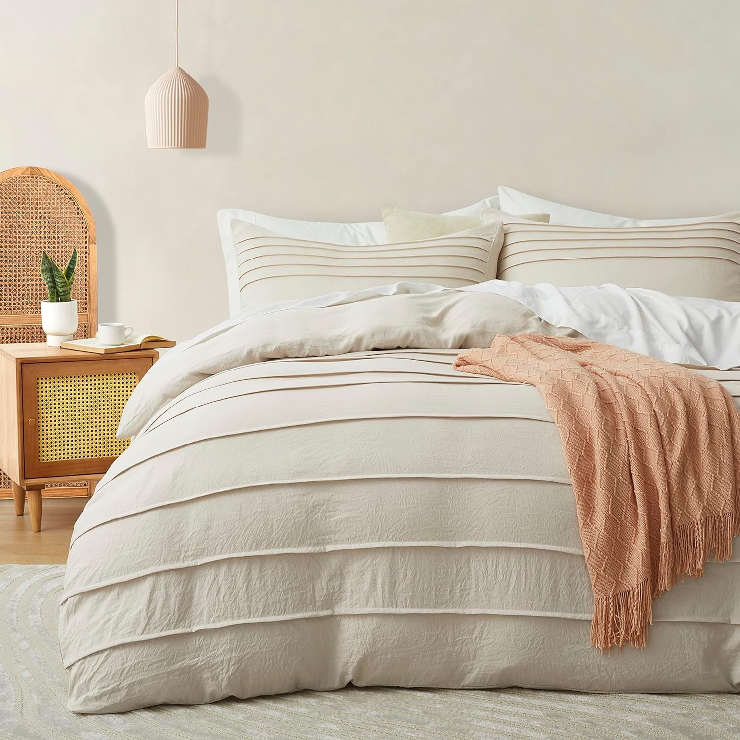 Oli Anderson Beige Duvet Cover Queen Size – Pleated Queen Duvet Cover, 3PCS Soft and Breathable Textured Bedding Set with Zipper Closure(Beige,90″x90″)