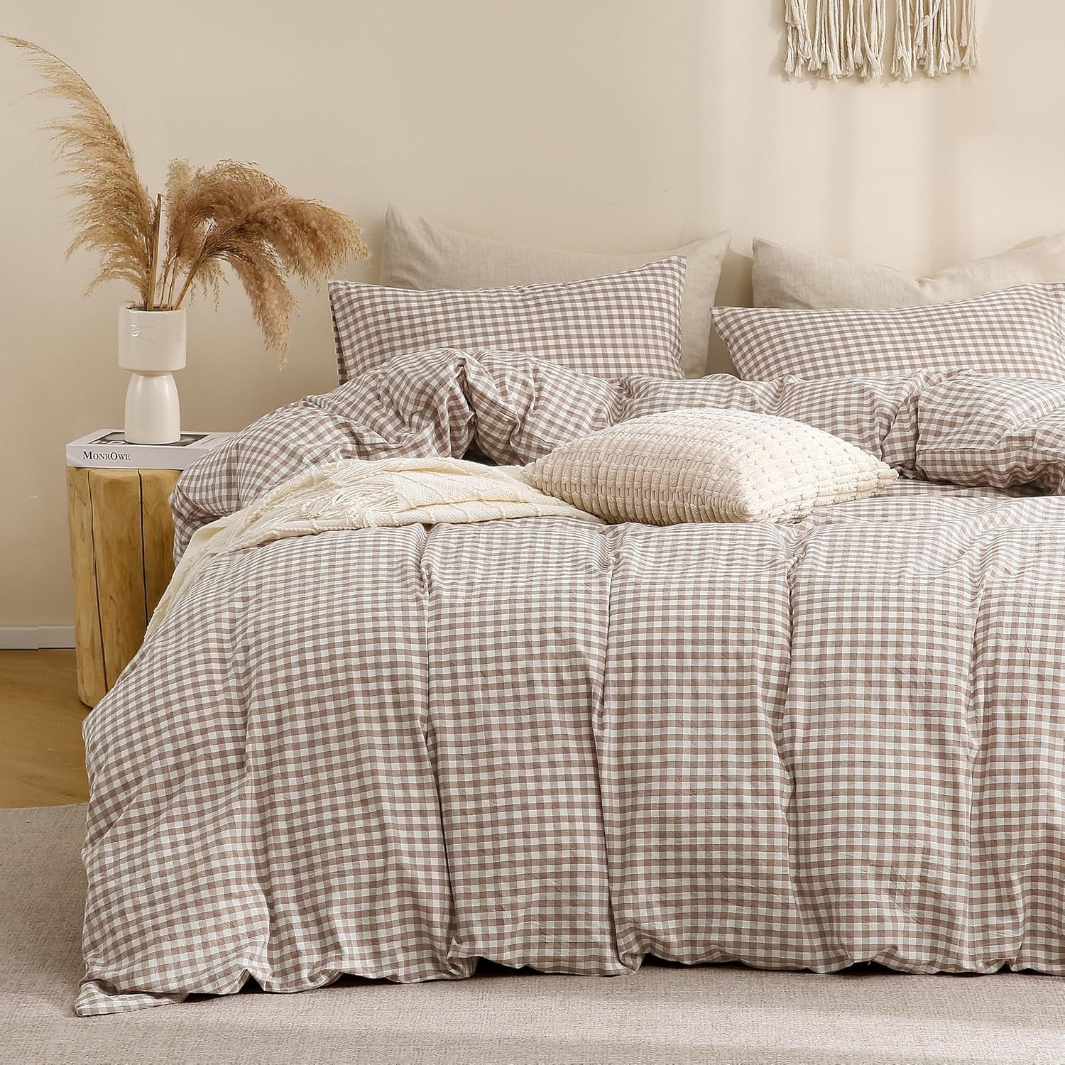 TOCOMOA Tan Gingham Duvet Cover Bedding Set 100% Washed Cotton Like Linen Feel Super Soft Comfy 3 Piece Brown Vintage Plaid Checkered Fall Comforter Cover Set (Queen 90″x90″, Comforter Not Included)