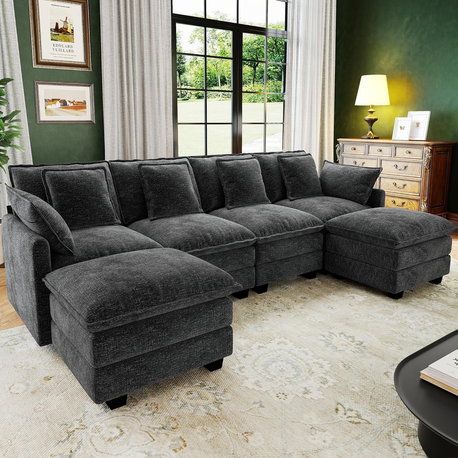 107″ Cloud Couch Sectional, U Shaped Modular Sectional Sofa, 4-Seat Deep Seat Couch with 6 Removable Washable Pillows and 2 Ottoman for Living Room, Bedroom, Apartment, Black Grey
