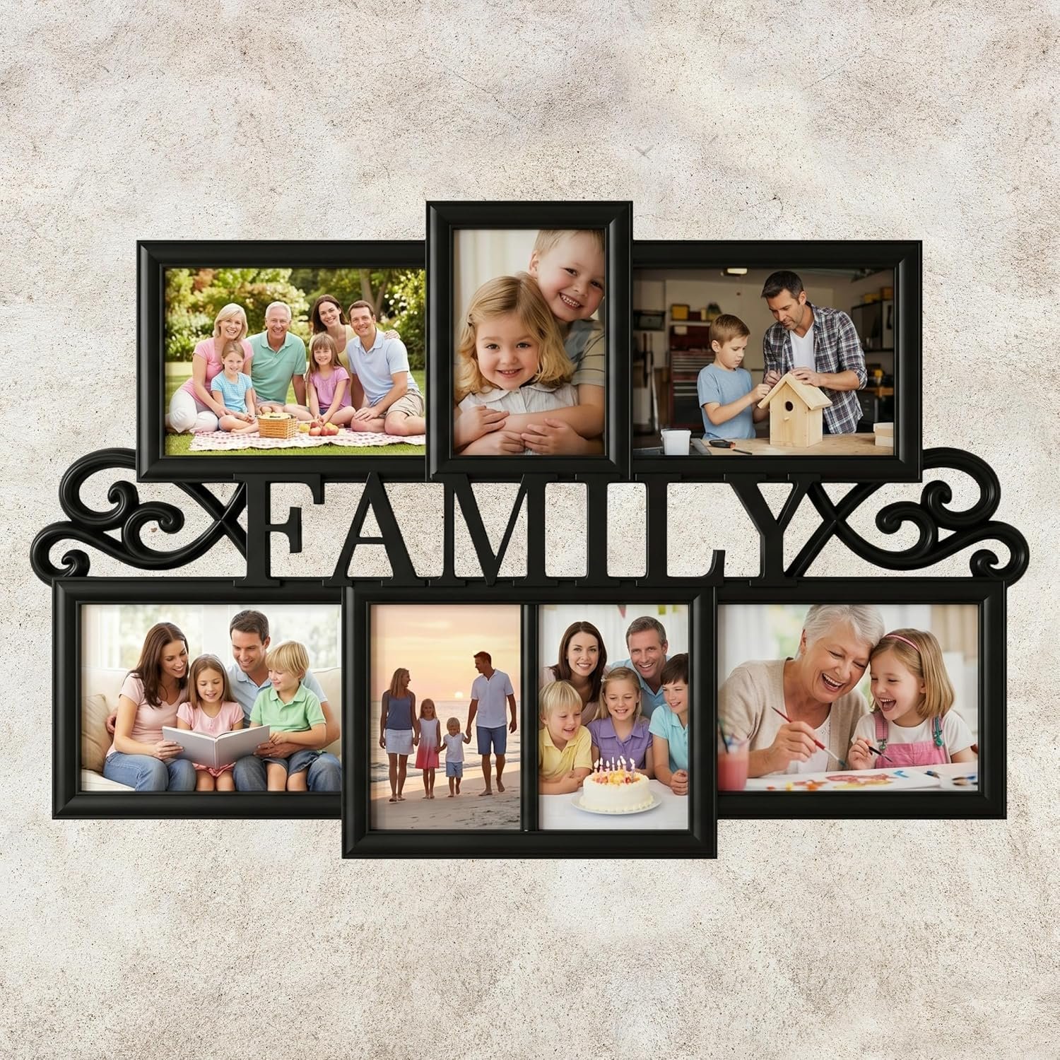 Family Collage Picture Frame – Wall Hanging with 7 Puzzle-Style Openings – Displays Three 4×6 and Four 5×7 Photos of Memories by Lavish Home (Black)
